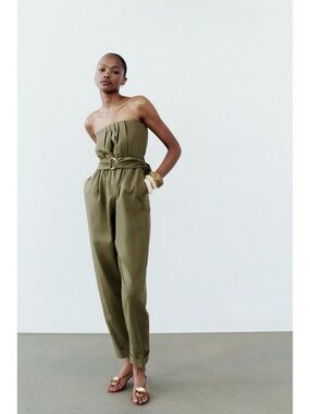 Zara Olive Green Strapless Belted Jumpsuit NWT Size Medium